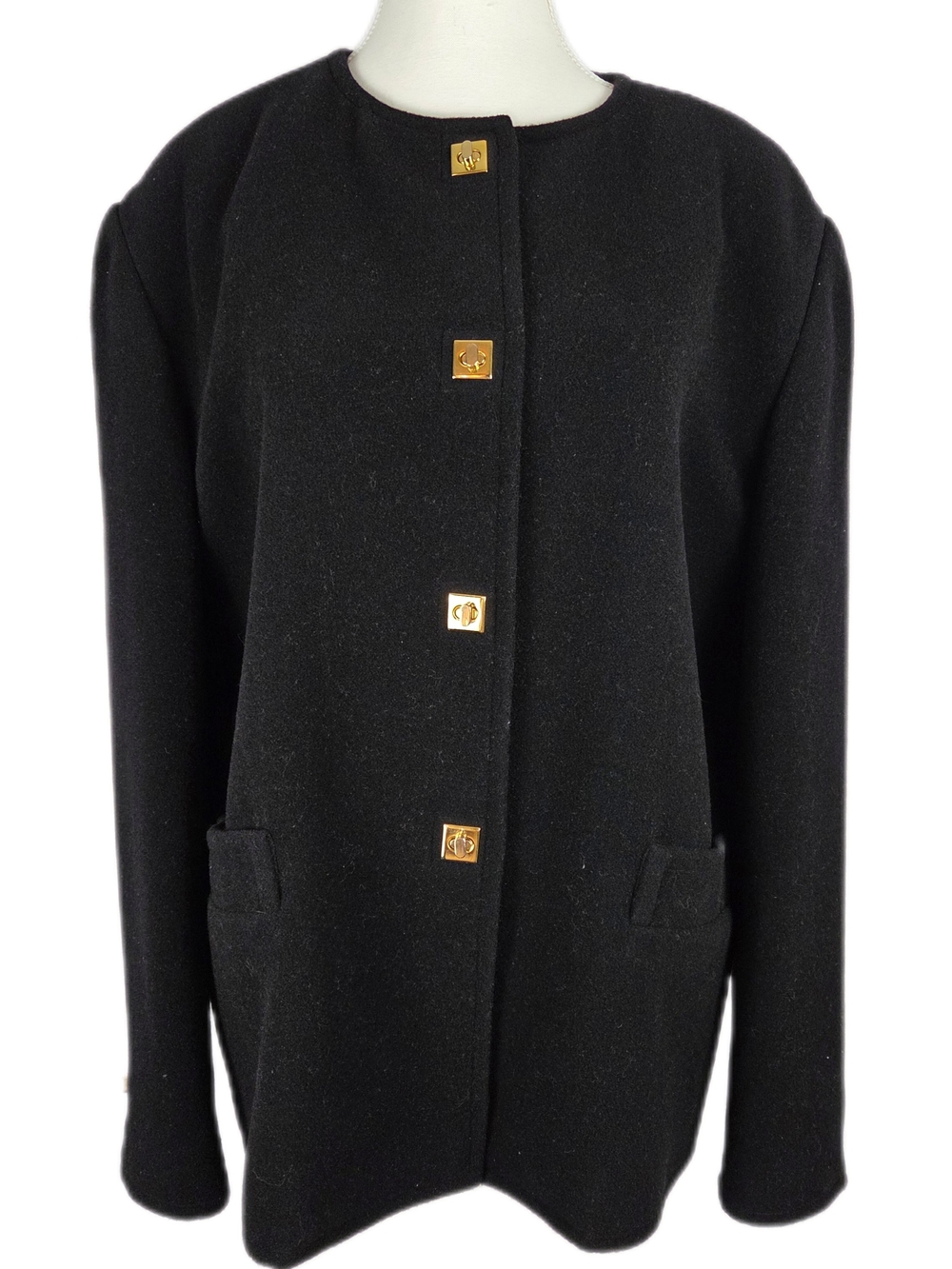 Vintage 90s Georges Rech Unanyme Paris Collarless Wool Blazer Jacket with Gold B